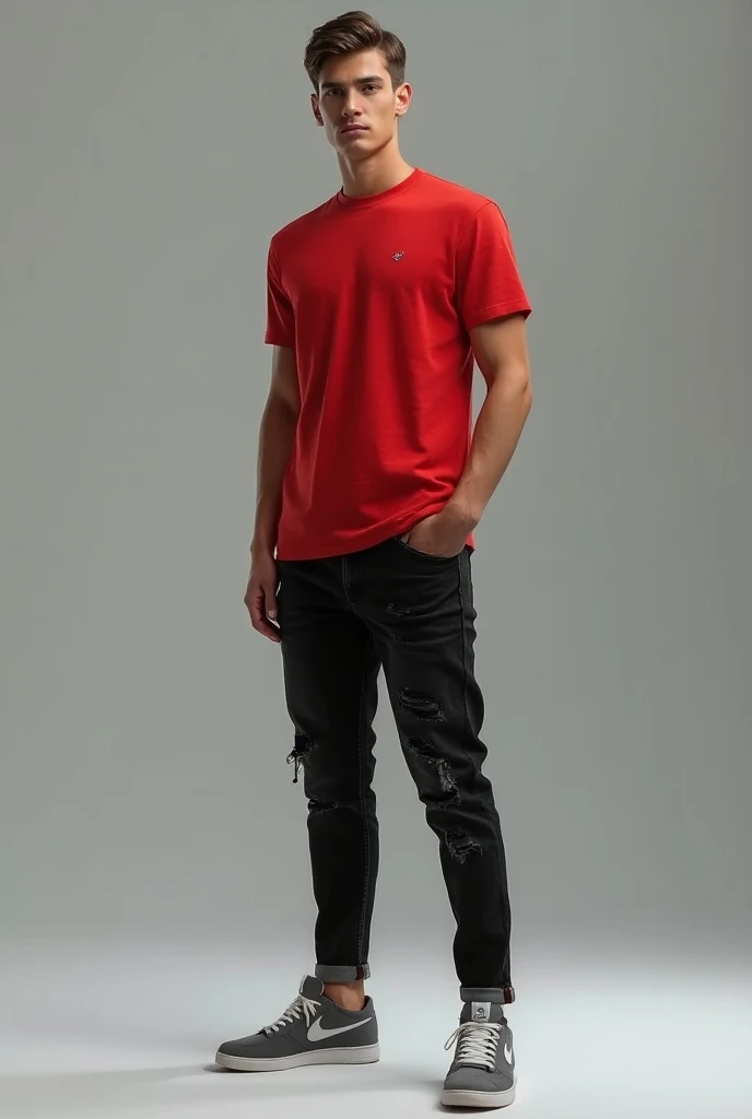 Mens outfit: black jean with red t-shirt and gray sneakers
