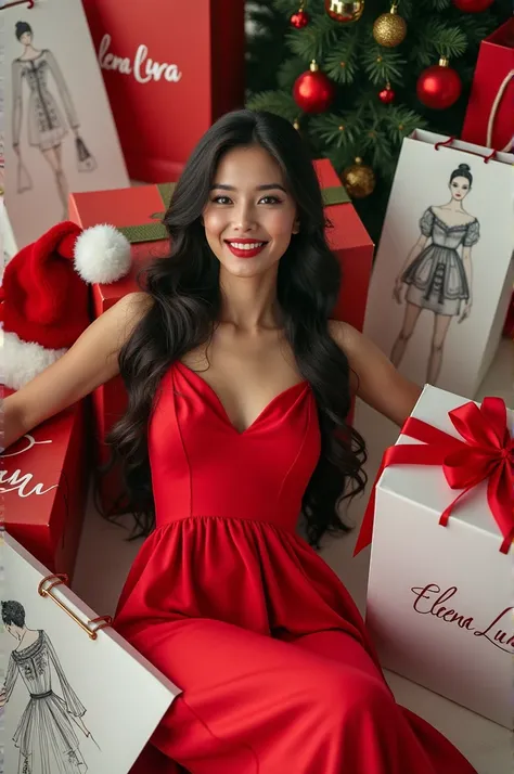 model wearing red dress with fashion sketches and santa hat laying down on Christmas gift boxes smiling and bags around her with name elena luka on them