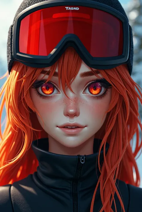 Dans un style semi-réaliste, une fille rousse aux yeux rouge avec la couche des yeux violets/noirs avec des taches de rousseurs vêtu dune tenue noir et de lunette de ski rouge sur ses yeux