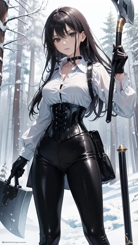  masterpiece ,  Best quality , high resolution,  beautiful detailed eyes, extremely detailed face , Detailed CG, 1 girl; standing, fighting pose, holds an axe in his hand,  view from the front,  looking at the spectator,  long black hair , black eyes, chok...