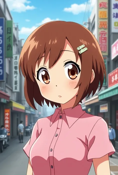 "Create an ultra-realistic image of a  girl resembling Kari Kamiya from Digimon Adventure. She has short, chin-length brown hair styled in a bob, with a small clip holding a section of her hair to the side. Her warm reddish-brown eyes convey a sense of kin...