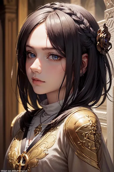 (((masterpiece, Best Quality, Super detailed,  OFFICIAL ART, ID photo,  one girl, front face, realistic eyes, Romanian))), best beautiful,  Mysterious, kind face, Dark Fantasy,  Silver Hair,  short hair, braid,  Final Fantasy art, cleric costume, holy pape...