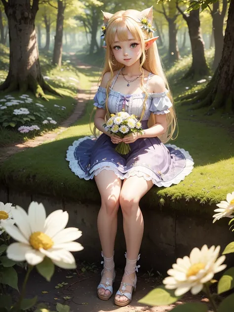  shot showing from head to knee 、幼い女の子,cute little fairy、  hime cut, Blushing, whole body、 Lolita fashion、 Lolita Dress、Pointed Ears、A yellow dress with plenty of fluffy lace、 voluminous skirt 、 skirt with plenty of lace、Puff sleeve dress！Golden hair/ Hoop...