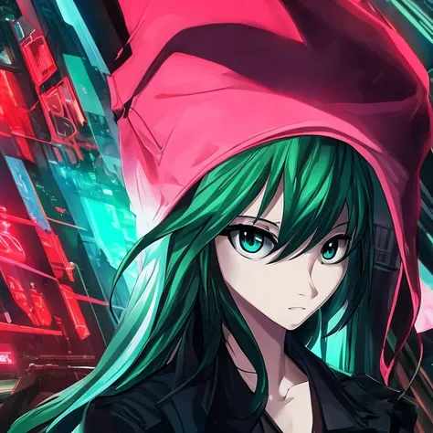 woman, realistic character, green hair with pink strands,  blue eyes, anime-series, alone, modern, cyberpunk