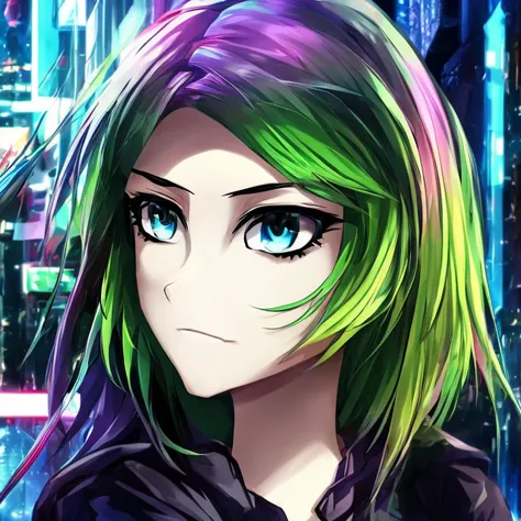 woman, realistic character, green hair with pink strands,  blue eyes, anime-series, alone, modern, cyberpunk