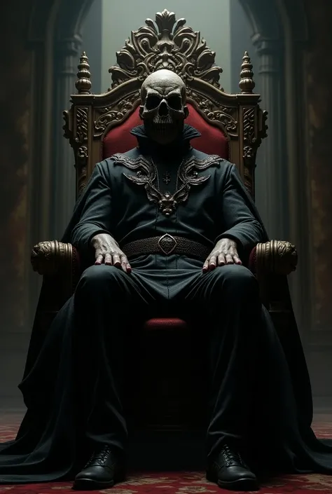 Monarch sitting on a throne with a horror mask