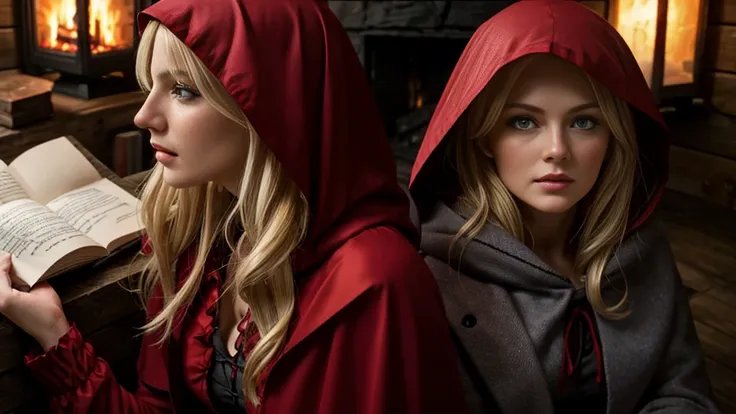 Close up, Little Red Riding Hood, very sexy young woman, blonde, blue eyes, walking, wearing a red transparent veil, reading a letter, in a cabin, next to a fireplace, ultra-realistic scene, 8k, camera zooms in very slowly, cinematic, dark atmosphere, Van ...