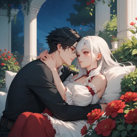 boy with long black hair and red eyes,  girl with white hair and red eyes , Middle Ages, cuddling in the garden at night