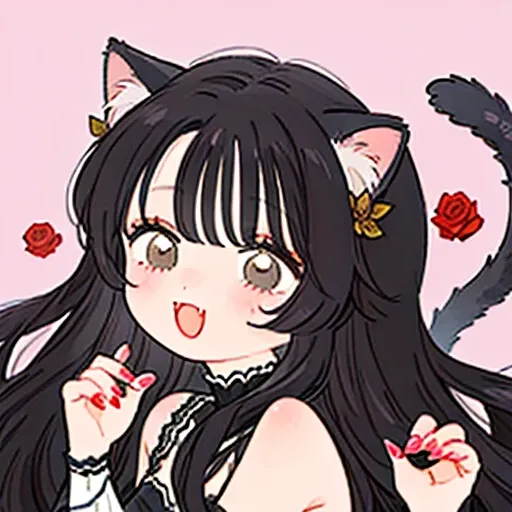 beautiful woman, long wavy black hair, brown eyes, cat ears and tail, fangs, demon horns, and her 3 cats (🥀)(🌹)(💕)(💖)(🐈‍⬛)