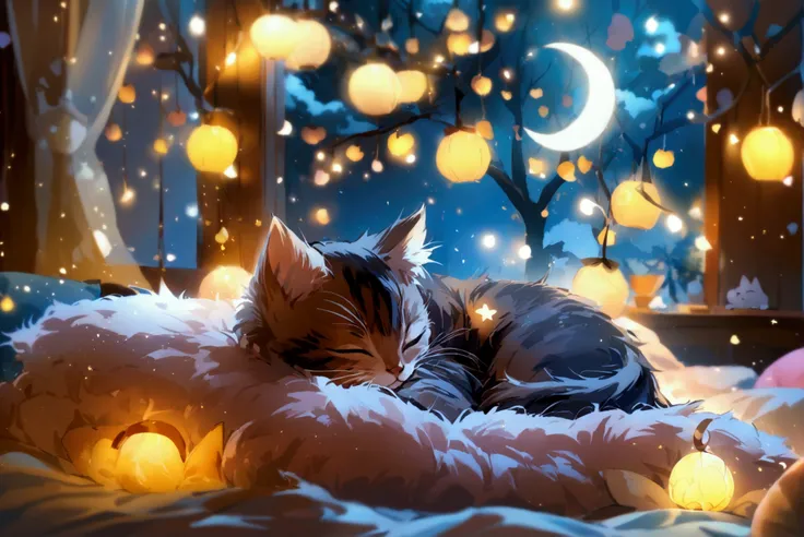 Sweet bedtime illustration with a cozy, soft ambiance: a small, sleepy kitten curled up on a fluffy pillow, surrounded by warm, dim fairy lights. The background is a dreamy night sky with stars and a crescent moon. The scene is peaceful, invoking calm and ...