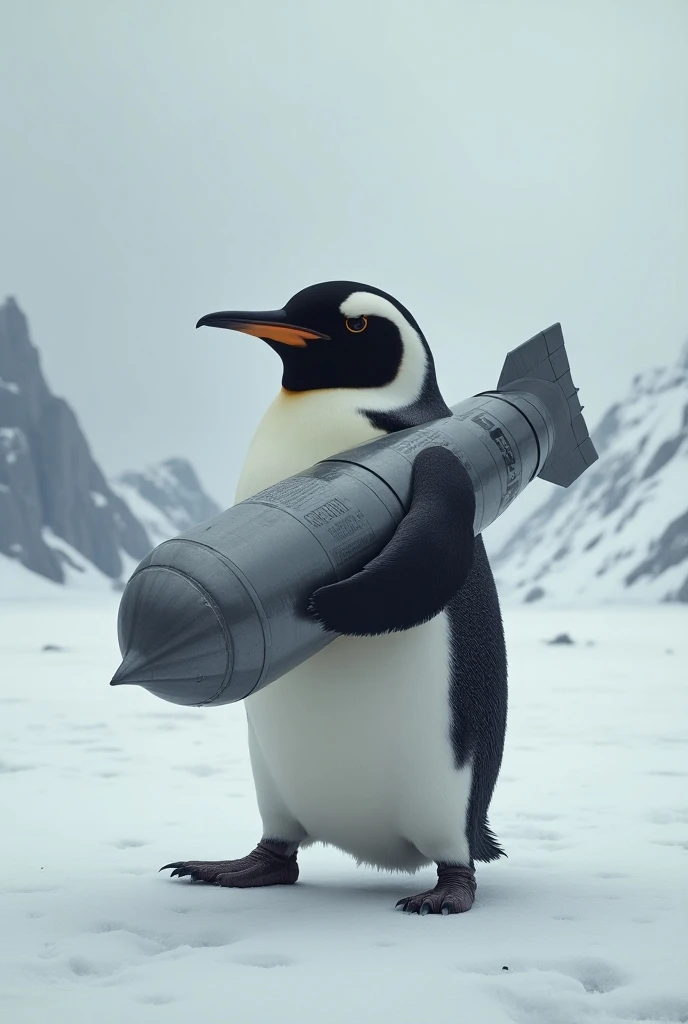 create a penguin holding a nuclear bomb