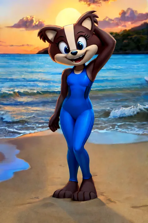 Badger is a full-length cartoon girl slim skinny in a blue tight lycra swimsuit on the beach with a happy face, big feet