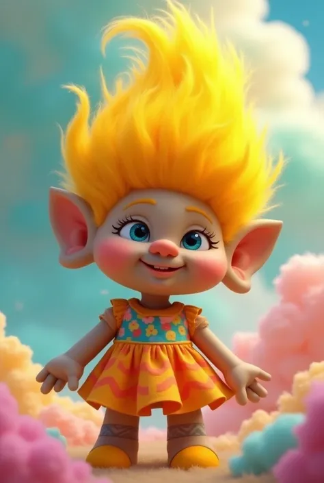 A troll doll with a dress and yellow hair