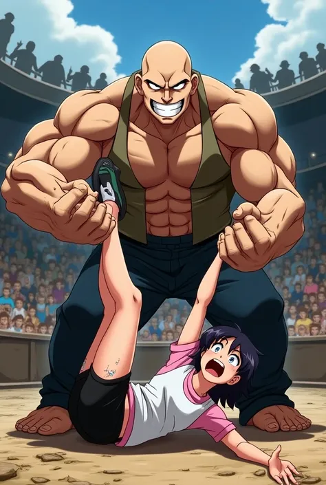 (Anime style photo) Spopovich gigante, muscular and bald smiling with black wrestling vest holding Videl&#39;s foot above his head while she is terrified and face down in a torn white vest, pink shirt and black shorts in a tournament.