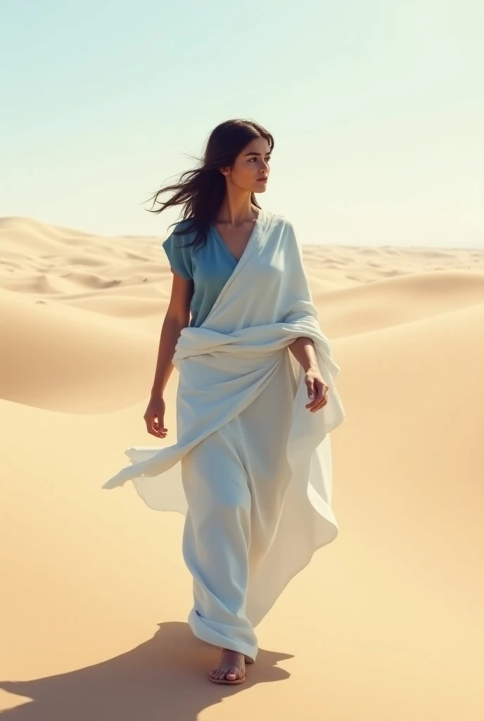 Create a Persian woman in classic Greek clothing in 2D,  in the white and blue choir .  Do it walking in the desert ,  towards the horizon , At dawn .