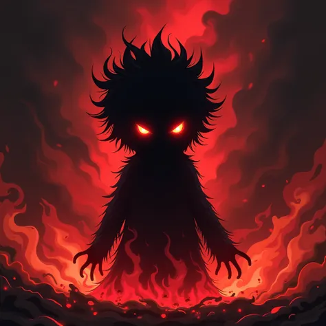  A dark anime-style character ,  with a dark body without defined facial features ,  except for bright red eyes .  The character is surrounded by red flames and dark smoke that seem to emanate from his body.  His hair is messy , pointing up,  merging with ...