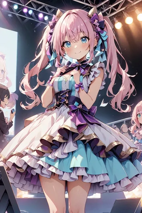  full body shot,Hi-Res,bright and energetic twin-tail idol character 。Hair color is pastel pink、Her eyes are aqua blue and 、 she has a friendly smile 。 The costume is based on white and 、 A dress style design with lots of ruffles and ribbons applied in a p...