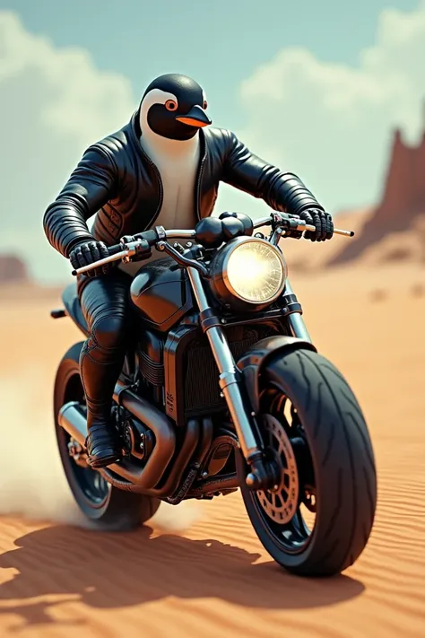 Penguin riding a motorcycle in the desert.  The image must be viewed completely from the side. The image must be ultra realistic 