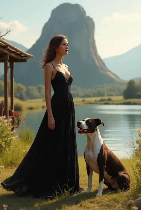 A woman in a farm wearing a long black dress and a white and dark brown pit bull smiling and a lake in the background and a large rock and a pergola 