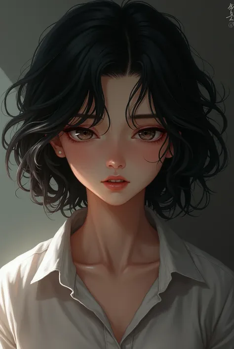 a girl, with black and wavy hair , Cut into capable ,  angrily in a tender way