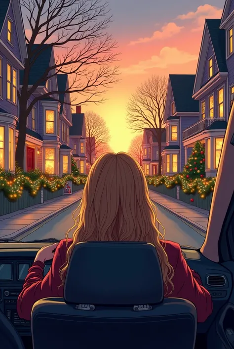 comic She is 25 years old , co 1,60 m,  and has long blond hair. Firm female hands on the steering wheel,  the driver observes the New York street as the day begins to dawn .  The soft morning light spreads across the horizon ,  dyeing the sky with orange ...