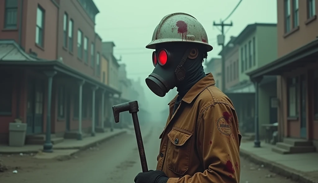  a town empty streets takes a profile picture of a person covered in blood wearing an oxygen mask-like mask with the glasses of the mask in red, dressed in a 1980-style miners uniform or the movie Valentines Day with a mining tool in his hand  