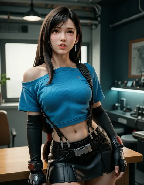 nsfw:1.5, score_9,score_8_up,score_7_up,masterpiece,best quality, 
metTifa, low-tied long hair, earrings, cropped sweater, blue sweater, off-shoulder, midriff, short sleeves, suspender skirt, elbow gloves, fingerless gloves, armored legwear, small breast, ...