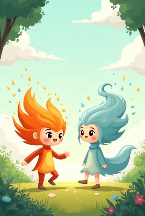 Generate two simplified characters from a story that represent two elements of nature, Fire and breeze for a short story , CARTOON CARTOONS