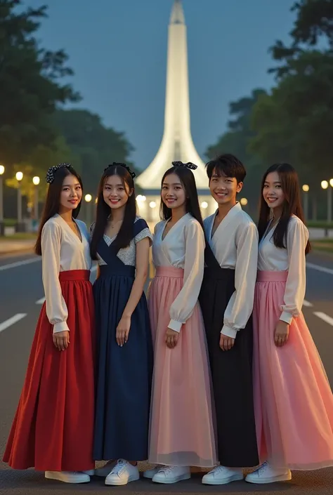 photography 5 Asian women, wearing Korean dresses with span skirts, and black ribbons in their hair, with white sneakers, and 2 handsome Asian men with them. They are on the side of the road, Monas can be seen around them beautifully, there are whispers an...