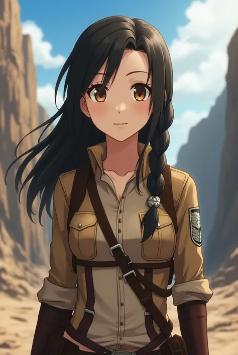  Attack on Titan anime girl with black hair and a braid,  wearing exploration uniform , brown eyes and white skin and smiling from the front
