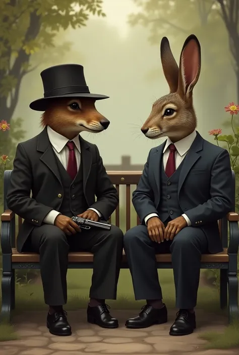 Dog, He who wears a hat and a suit with a pistol in his hand and a hare who wears a suit sit on a bench and talk 