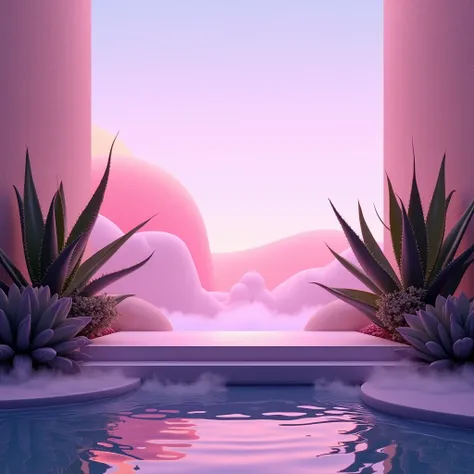  stage with a support box in the front fence and aloe vera on the sides, Water on the floor with soft mists , And in the background pink and purple lights landscape