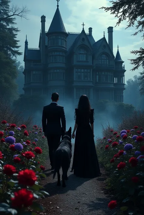 A sunny gothic black and red house with blue and purple hydrangea and red roses and black a black German shepherd and gothic curvy girl and boy Couple walk to