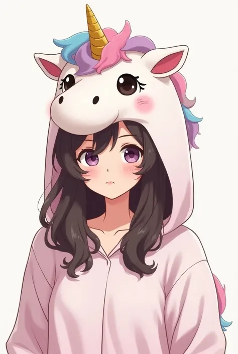 A 25-year-old girl with dark brown hair and natural waves at the ends long with unicorn pajamas on her head that the unicorn is Kawwai with super cute eyes and nose I want it to be an animated image 
