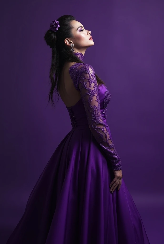 An Award-Winning Masterpiece in High Quality, HD, HDR, (photo realistic) Fine Art Photo Magazine in the Style of Intriguing Fine Art: Bold Purple Majesty: Embrace the regal beauty of bold purple with a striking gown or suit and her posing either to the lef...