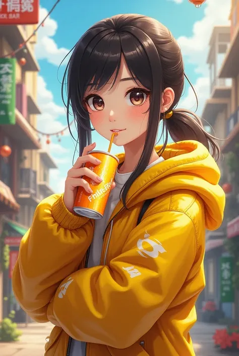  A woman in a yellow jacket holding a cup of coffee.,  extremely detailed Art germ ,  anime girl drinking energy drink , Senna from League of Legends, lovely Brigitte of Overwatch, Brigitte of Overwatch, ruan jia and Germen de arte, trending germ of art, F...