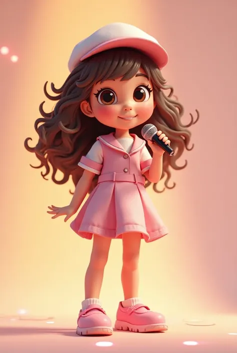 -A 3D hyperrealistic Create an image of a cheerful  with bright, sparkling eyes and Wavy hair. 
She is wearing a uniform  with microphone for Singer occupations patterns and wearing pink shoe and is playing  The scene radiates warmth and joy, 
capturing th...