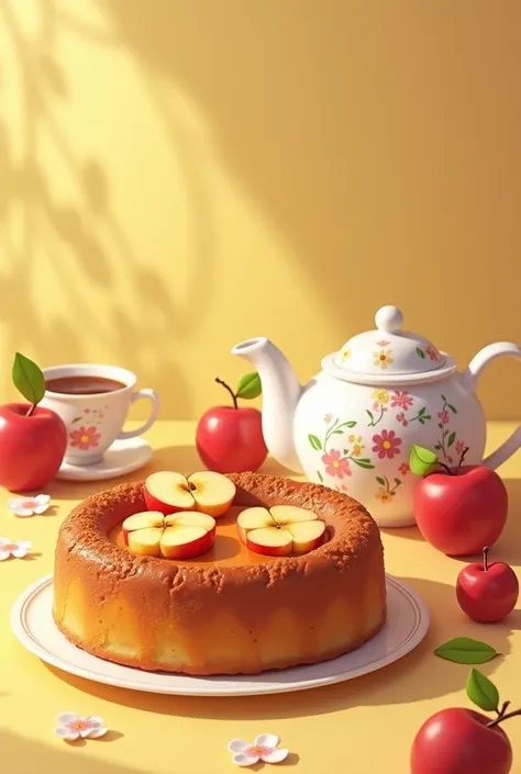 apple cake 　 cute teapot　2D　 digital art