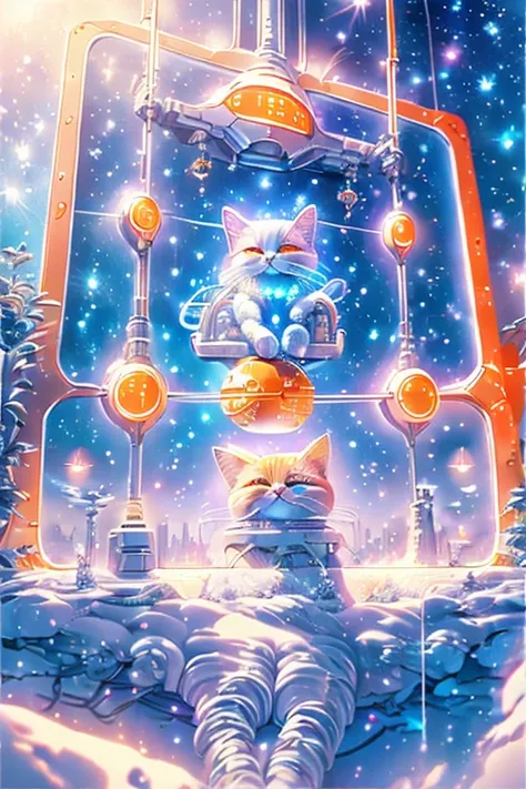 4K,  ultra high resolution, masterpiece, Best Quality, Super detailed),　 one girl in a white future suit 、 2 tactile lights emitting orange light from its head 、  sci-fi ,  inside a spaceship with neon rings shining all over、  cat standing on 2 legs in a g...