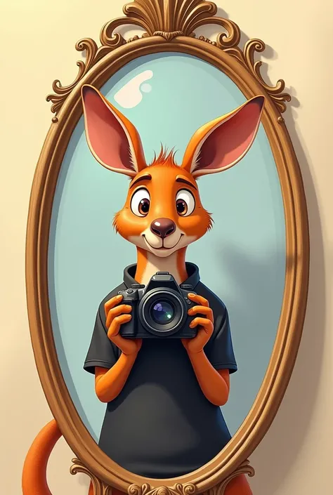 Animated kangaroo with black polo taking photo in the mirror
