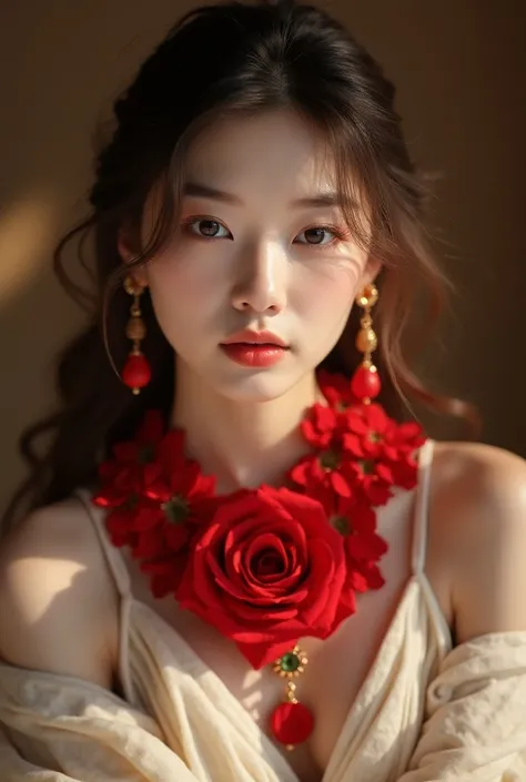 8k, raw photo, Fujifilm,  stylish photo of a beautiful 25-year-old Korean woman, square face, a red rose around the neck,  wearing nothing with red and gold earrings , strong features like a spinning dove , (highly detailed skin : 1,2 ), Medium brown hair ...