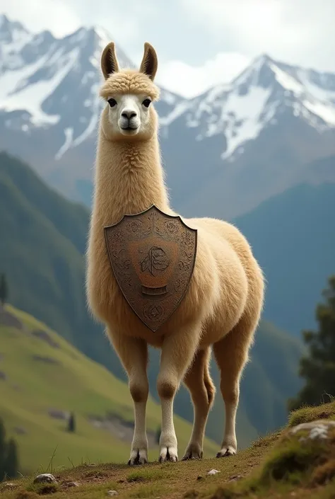 Create an Andean animal alpaca raised on two legs and the front legs are supported by the heraldic shield (remember Andean alpaca) 