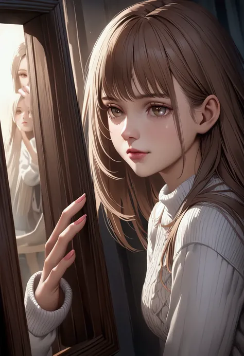 Um close-up de (Alice, 25 years,  brown eyes, light skin,  shoulder-length straight brown hair ,  White sweater ) s environment standing in front of a mirror with her hand hesitantly raised toward it. The atmosphere seems ominous ,  with the mirror reflect...