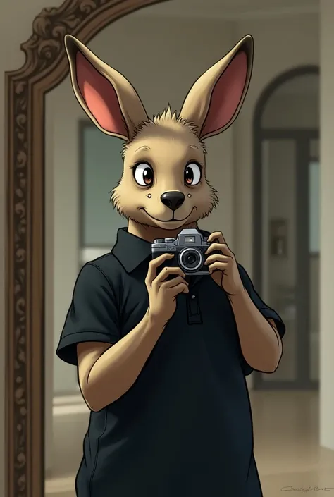 Anime kangaroo with black polo taking photo in the mirror
