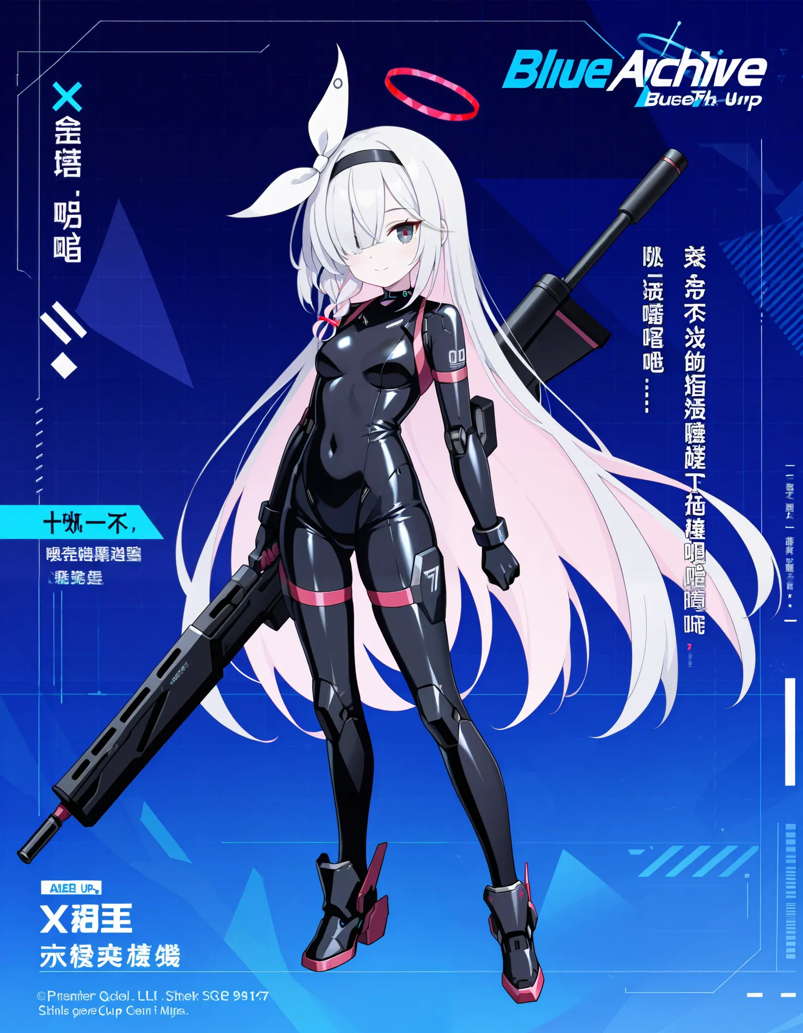 plana \(blue archive\),hair over one eyes,grey eyes, 1girl,chinese text,pink hair,weapon,gun,solo,holding weapon,holding gun,red...