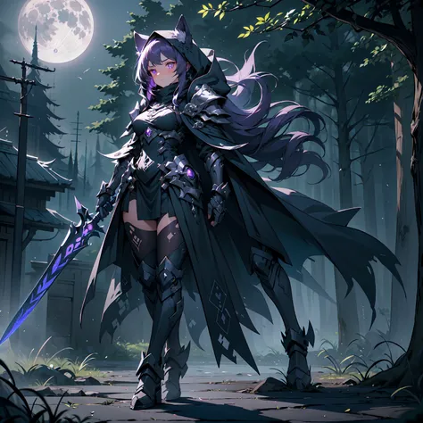 (((masterpiece, best quality, high detailed, 16k))) (1girl) A mysterious and deadly lone wolf warrior with long, flowing purple hair that cascades down her back, slightly hidden beneath a dark hood. Her eyes are a piercing silver, glowing faintly in the sh...