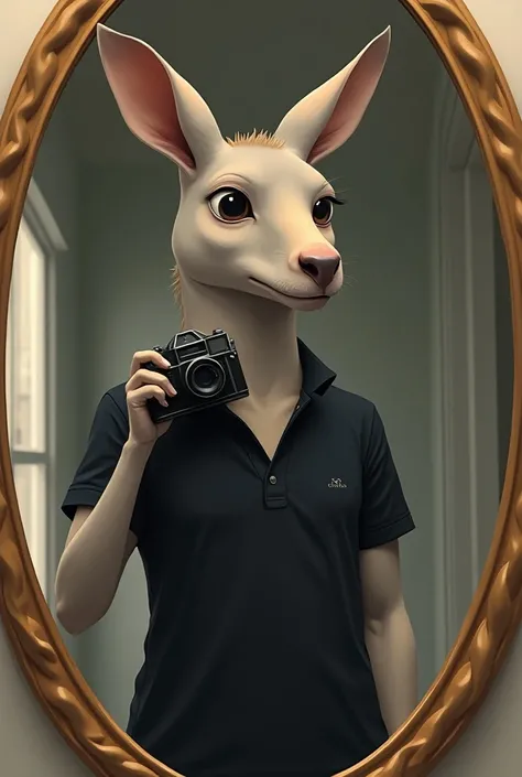 Anime kangaroo with black polo taking photo in the mirror
