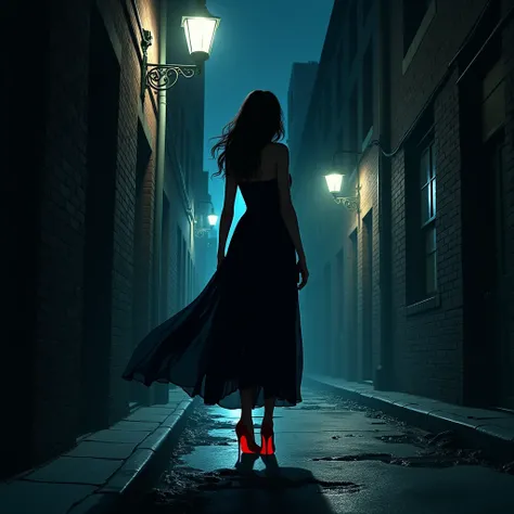 In one poster, an alley at night is shown, there is a totally dark back silhouette of a female monster wearing a dress and bright red heels.