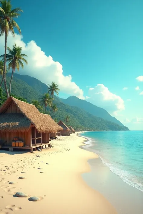 Straw huts on the beach without mountains


