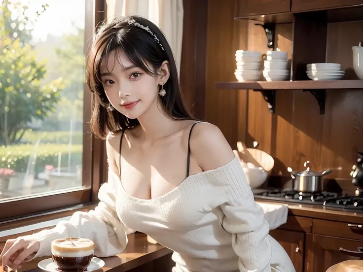  masterpiece, 1girl, Amazing Cleavage:1.3, thin waist, big ass, Raised sexy, medium breast:1.3,posed cleavage:1.2,solo, looking at viewer, open mouth, have a cup of coffee,black hair, red eyes, dress, bare shoulders, jewelry, collarbone, sidelocks, hairban...